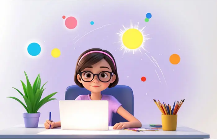 Creative Thinking Girl Studying at Desk 3D Character Illustration